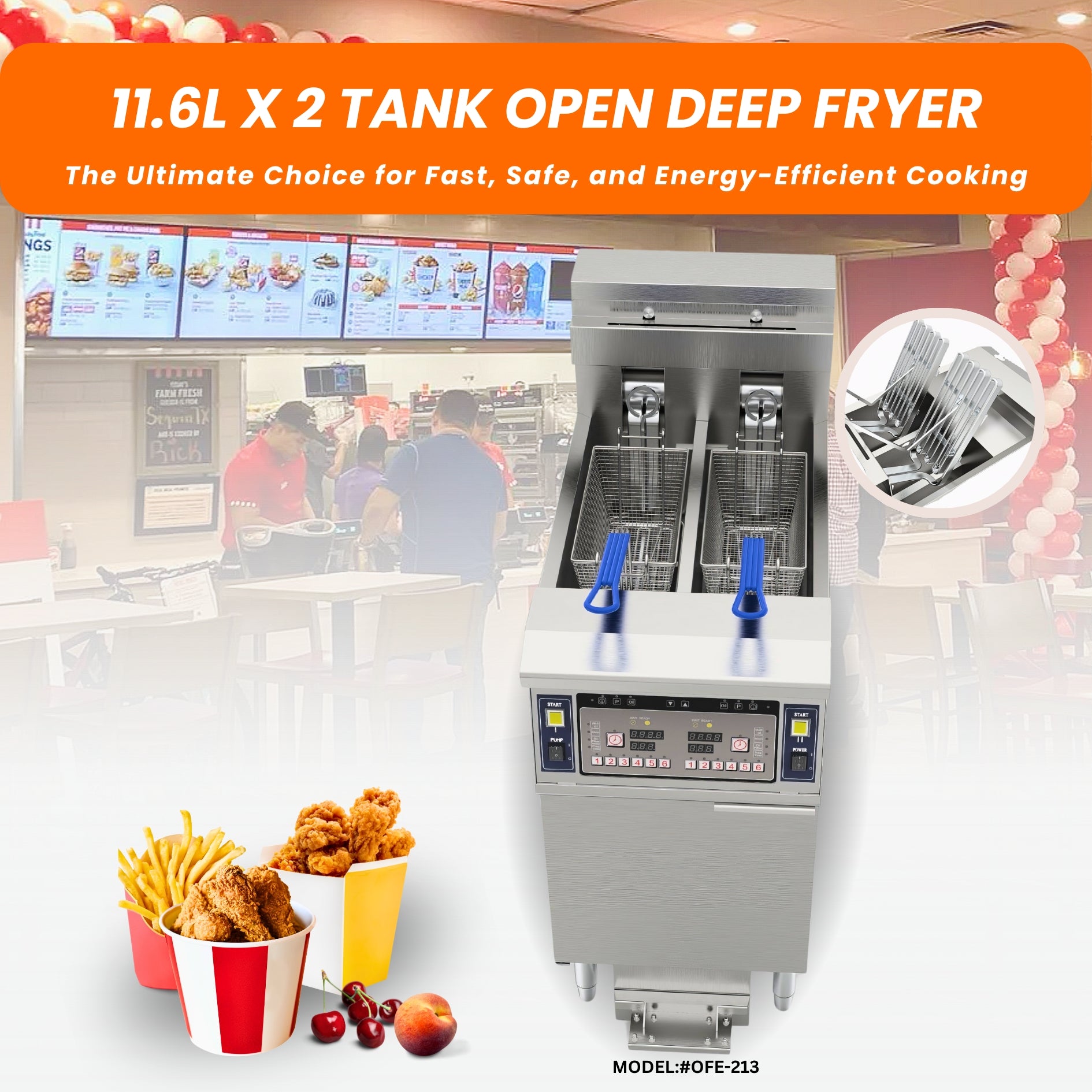 Dual Tank Split Pot Electric Deep Fryers with Oil Filtration System OFE-213