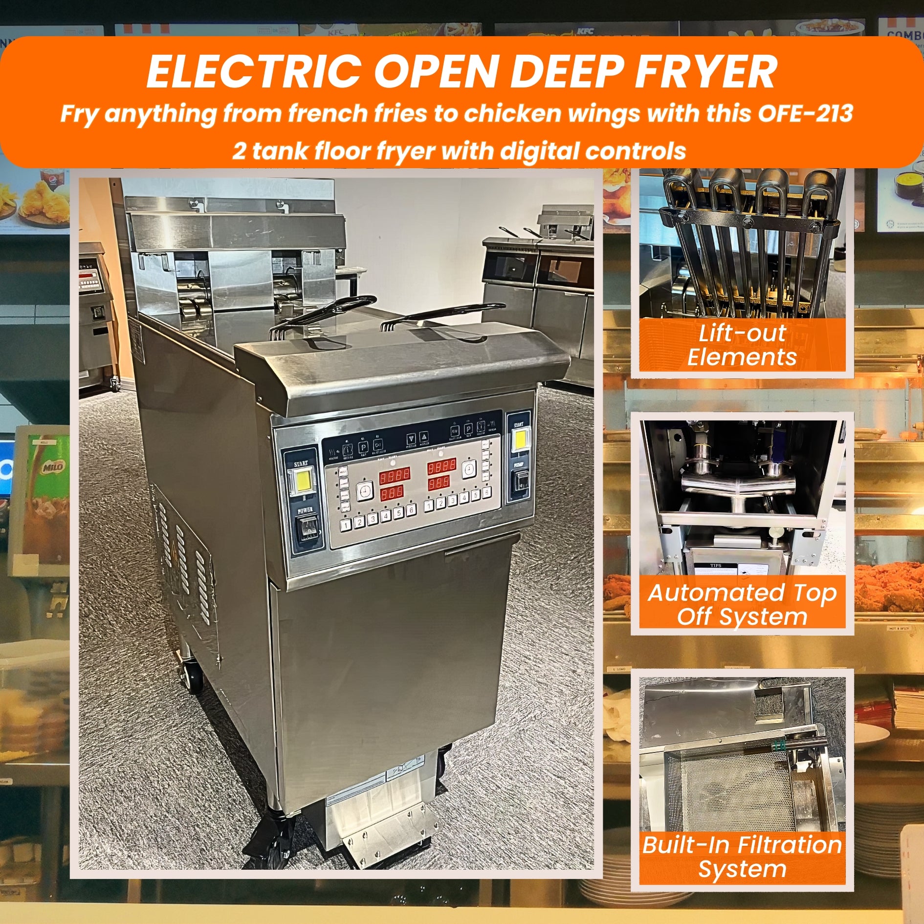 Dual Tank Split Pot Electric Deep Fryers with Oil Filtration System OFE-213