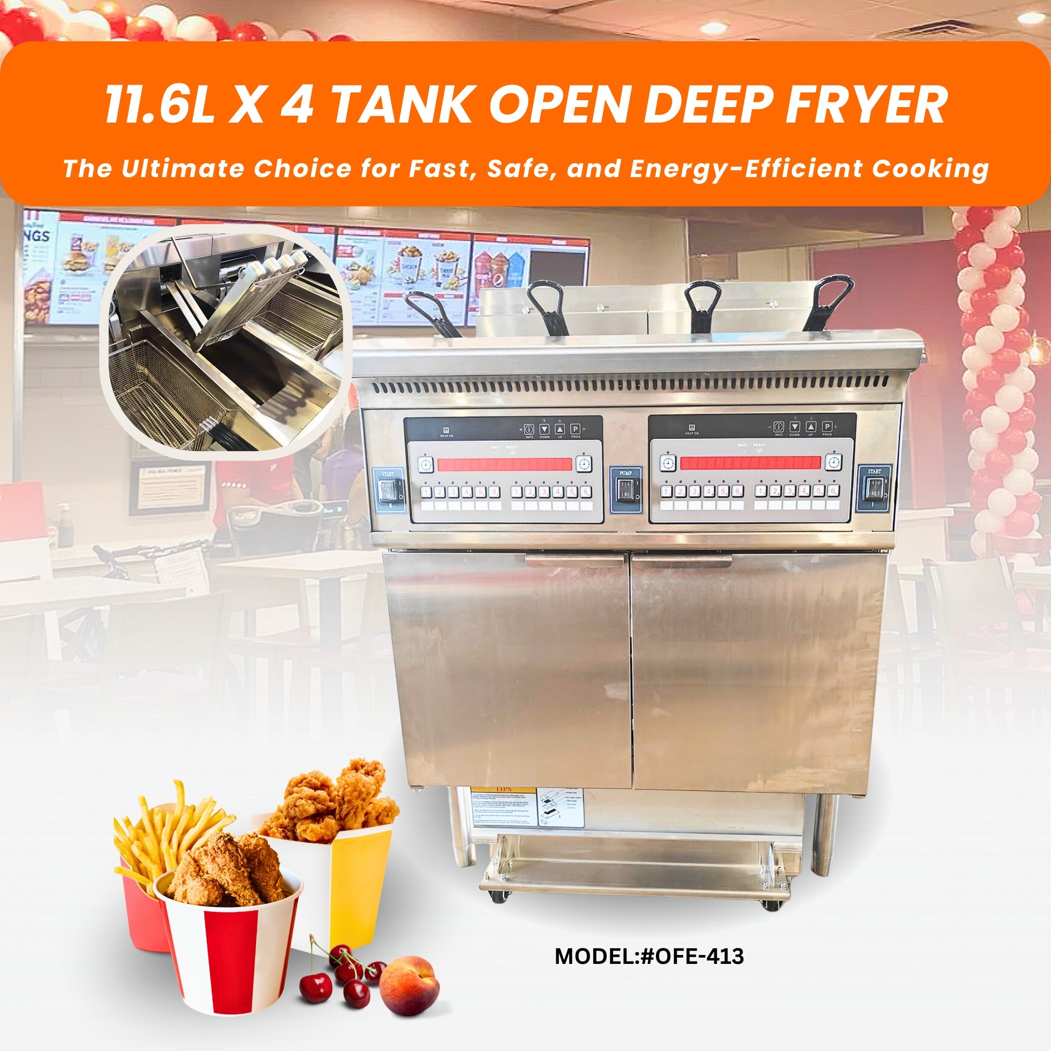 4-Tank Split Pot Electric Deep Fryers with Lifts Heating Elements and Oil Filtration System OFE-413