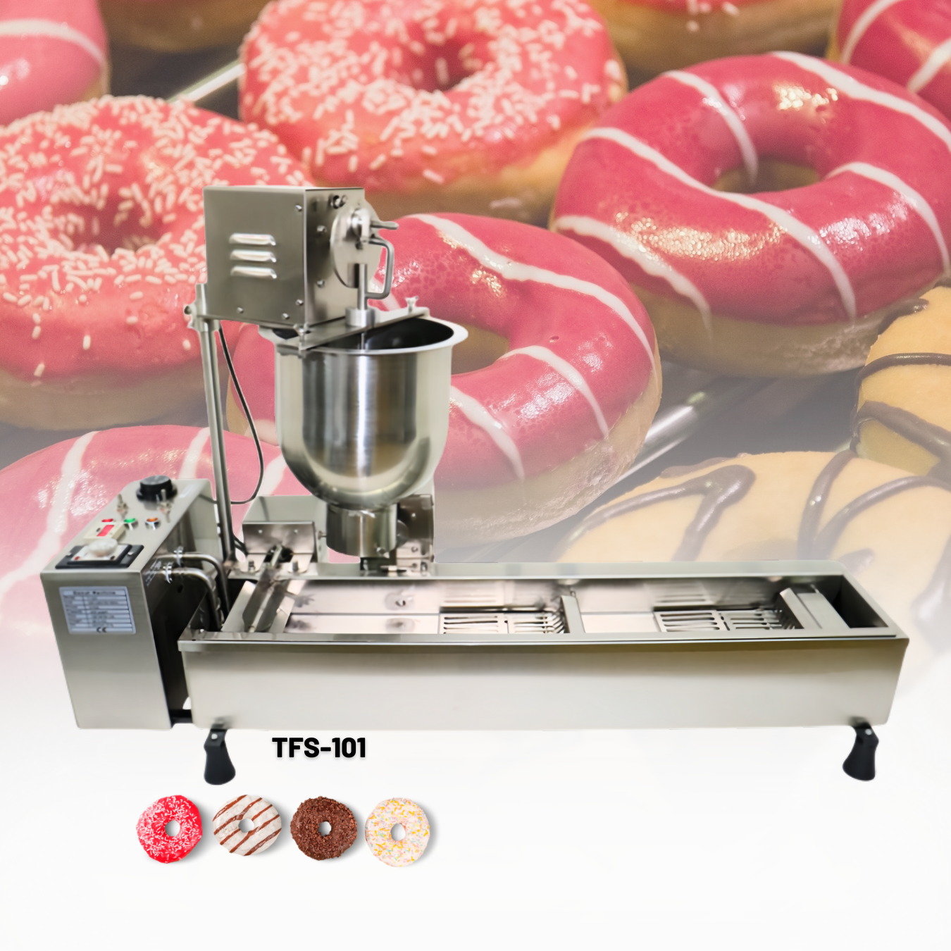 Single Row Automatic Donut Maker with Mechanical Control Panel and 3 Size Molds T-101