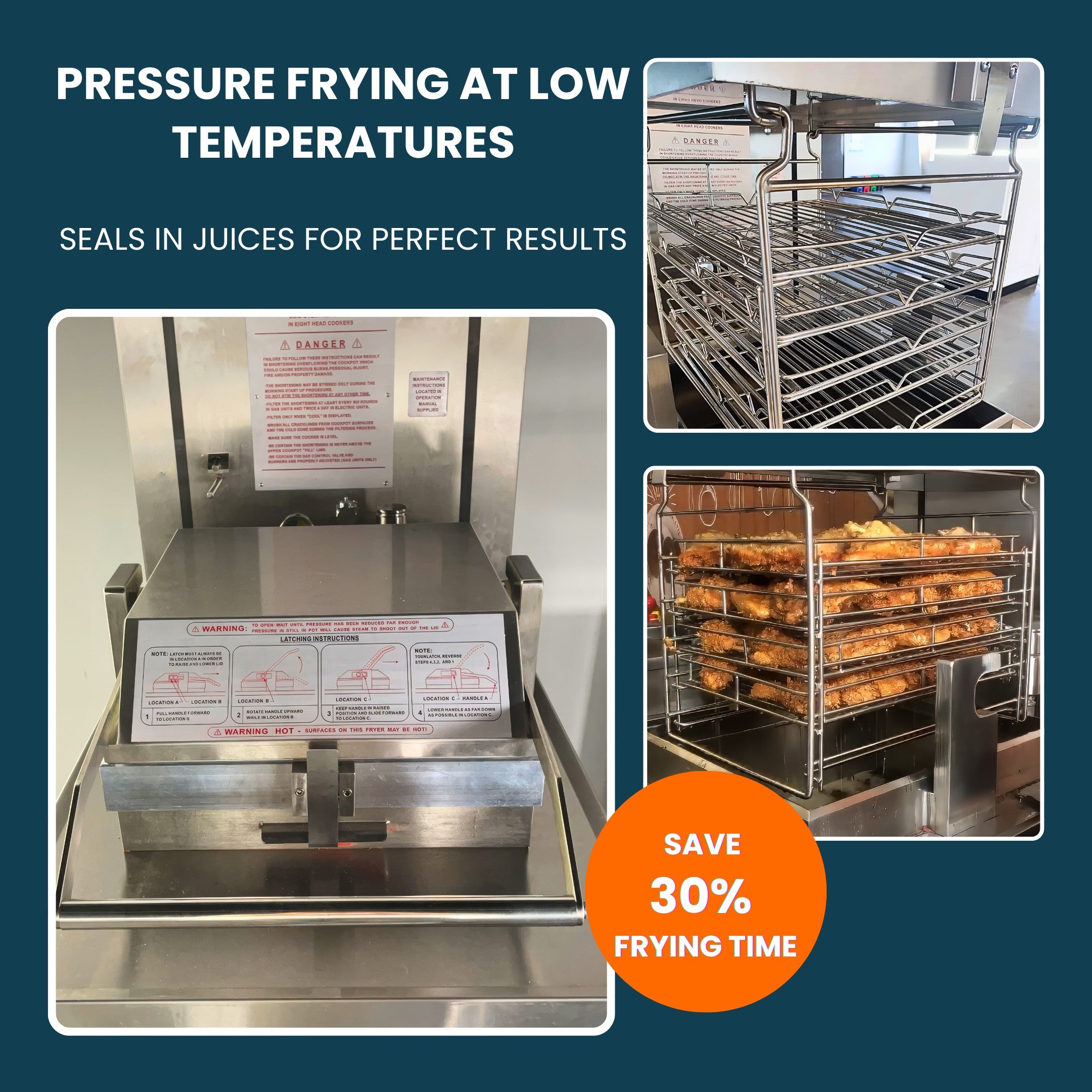 PFE-5910 Heavy-Duty Electric Pressure Fryer 17KW 99lb / 75KG Shortening 8 Head with Oil Filtration System