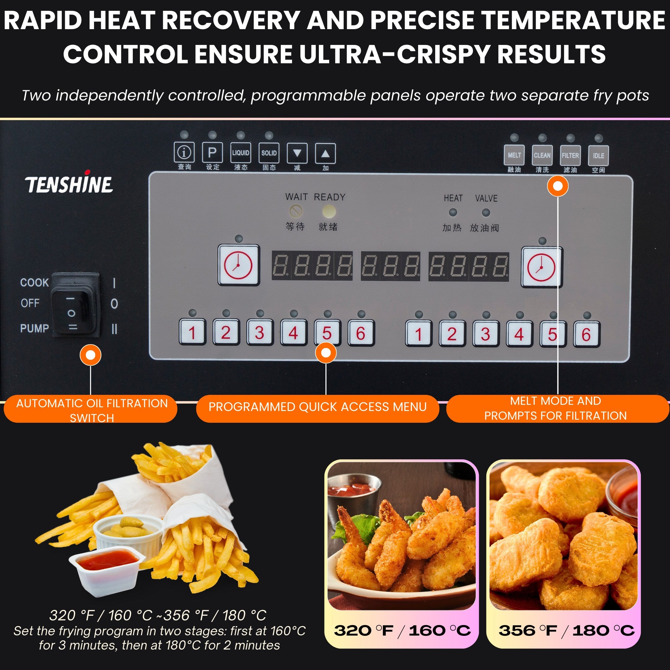 Dual Tank Electric Open Deep Fryer with Oil Filtration System and Programmable Controls OFE-302