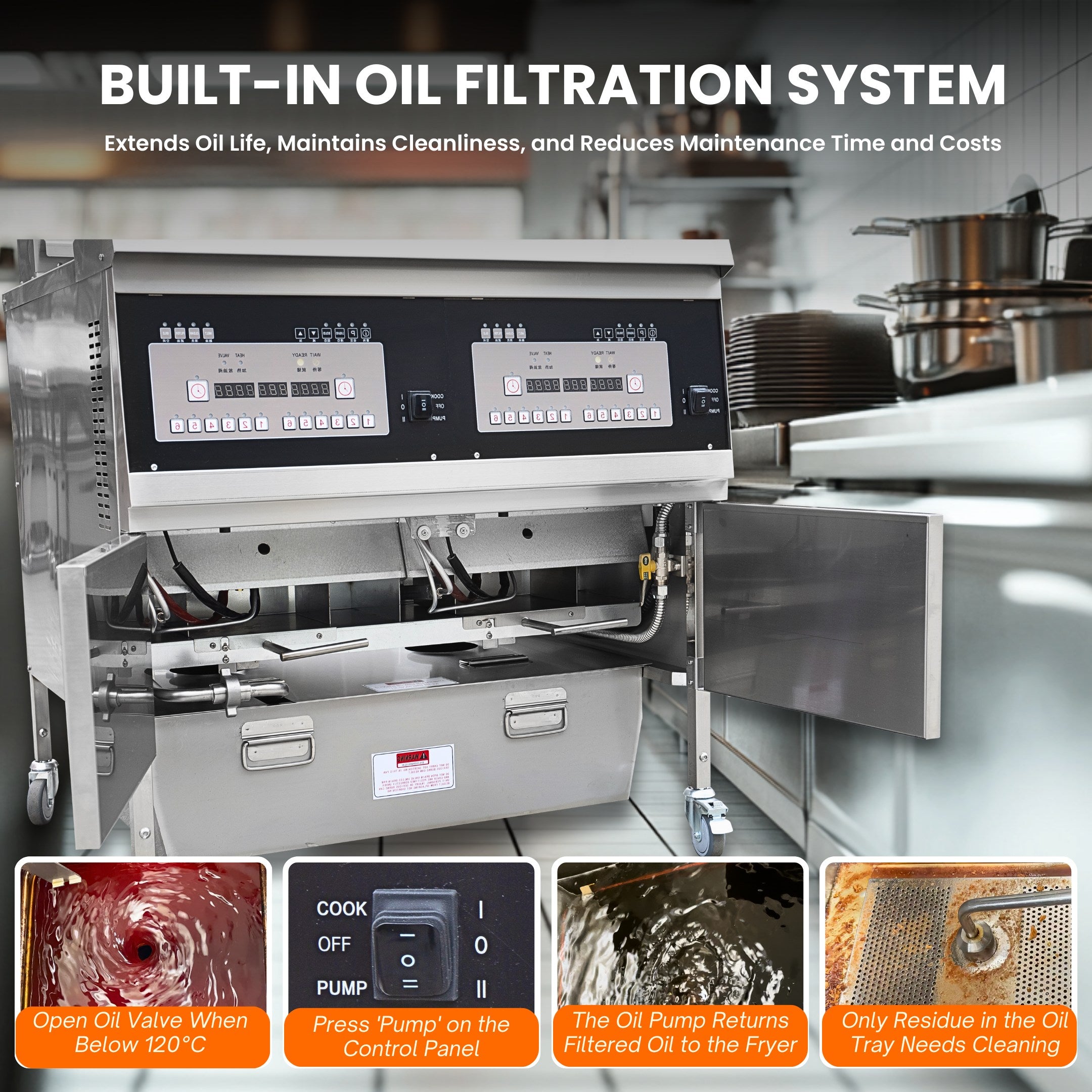 Dual Tank Gas Open Deep Fryer with Oil Filtration System and Programmable Controls OFG-302