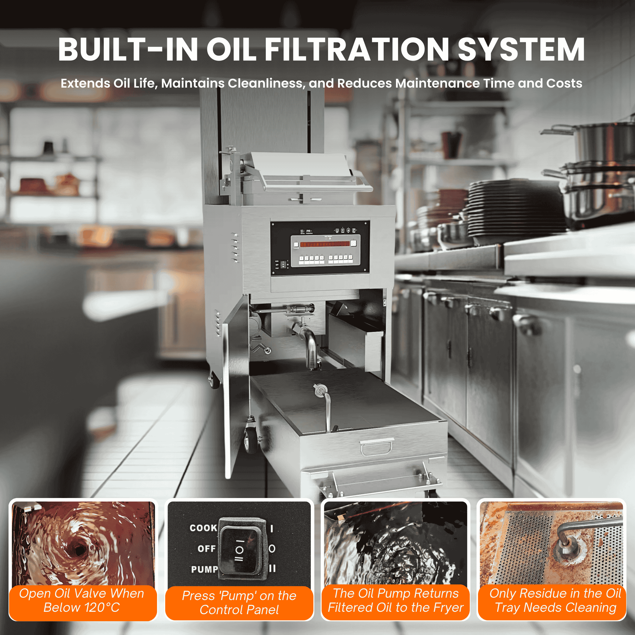 PFE-5910 Heavy-Duty Electric Pressure Fryer 17KW 99lb / 75KG Shortening 8 Head with Oil Filtration System