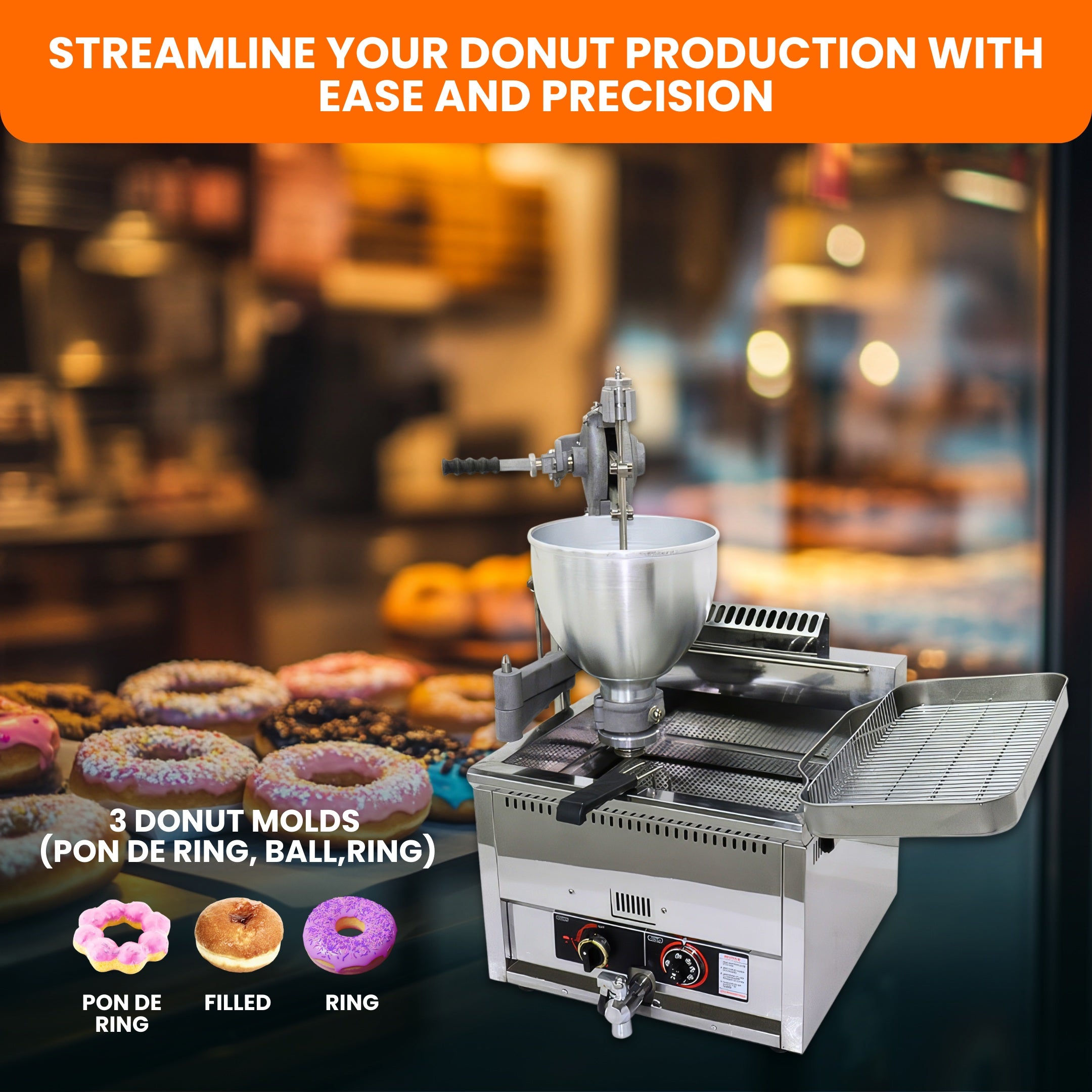 Manual Gas Donut Fryer with 3 Molds & Adjustable Thickness – Donut Maker T-102RQ